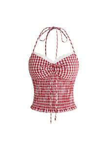 Sweetness Áo hai dây kiểu dáng cổ điển retro dành cho nữ, họa tiết kẻ caro, phối ren tương phản, cạp chun, dây mảnh, thích hợp cho mùa xuân/hè. - Đỏ và trắng - Xem 1
