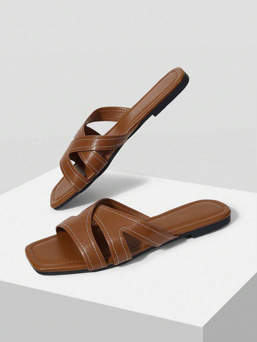 Mnmlis Sandalias planas de moda para mujer, uso diario casual para el verano - Marrón - Ver 1