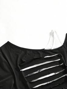 ROMWE Grunge Punk Plus Size Dark Punk 2 In 1 Distressed Tight T-Shirt - Black and White - View 3