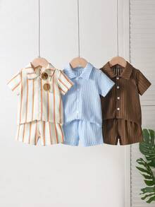 Vintaside Kids 男嬰 3 套組 藍白條紋翻領襯衫短褲套裝 夏季 - 彩色 - 查看 8