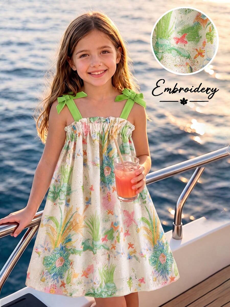 Elladie kids 1 chiếc đầm hè mới cho bé gái, đầm trễ vai dáng rộng in hoa thêu, có nơ, thích hợp cho kỳ nghỉ hè ở bãi biển. - màu xanh lá - Xem 1