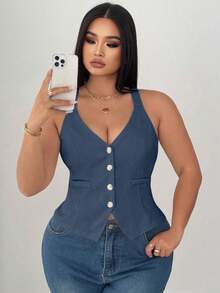 Elenzga Chaleco de mujer de talla grande con botones delanteros y cintura ceñida de unicolor - Azul - Ver 2