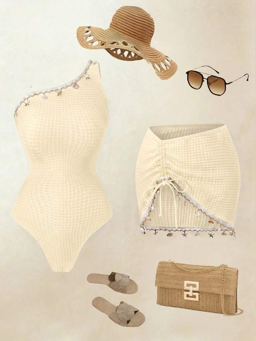 Swim Oasis 女款 2件組連身泳衣海灘度假洋裝,海星貝殼流蘇裝飾,白色夏季波希米亞風輕盈亮片性感熱帶度假風 - 杏色 - 查看 1