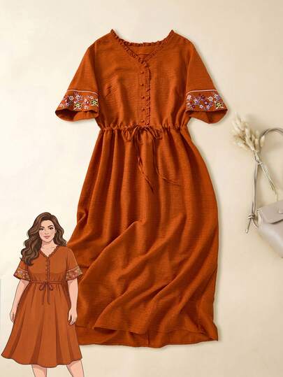 Rusticease Vestido de talla grande de verano elegante con bordado floral y volantes, con cordón en la cintura