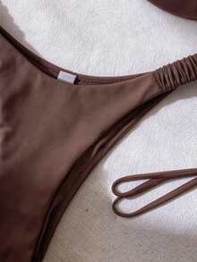 Elavelle Women's Solid Color Strapless Circular Decor Bikini Set, Spring/Summer - Brown - View 7