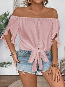 EMERY ROSE Plus Size Casual Solid Color Off-Shoulder Tie-Up Shirt Bussines Vacation Pink Summer - Pink - View 5