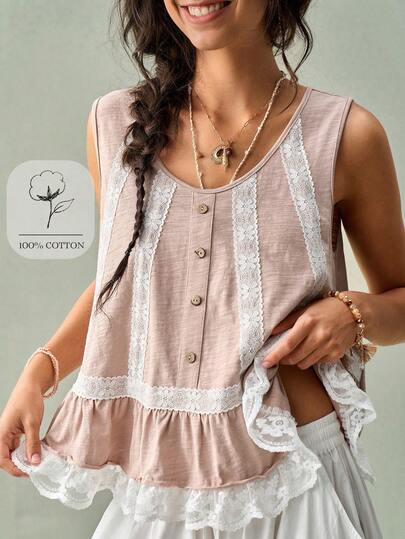 SoleilVie Bohemian Style Sleeveless Lace Patchwork Tank Top, Vintage Button + Layered Ruffle Design, Countryside Texture Vacation Blouse, Delicate Lace Trim Outlines Free Romantic Vibe, Suitable For Holiday Travel, Farmer's Market Stroll, Picnic Dates, Flattering For All Body Types, Effortlessly Captures Relaxed Boho Aesthetic