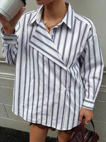 Camisa casual y holgada de 2 en 1 con rayas para mujer - Azul - Ver 4