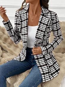 SHEIN Clasi Women's Elegant Plaid Blazer Jacket, Versatile Long Sleeve Blazer For Commuting, Classic Checkered Outerwear For Autumn - Brown - View 4
