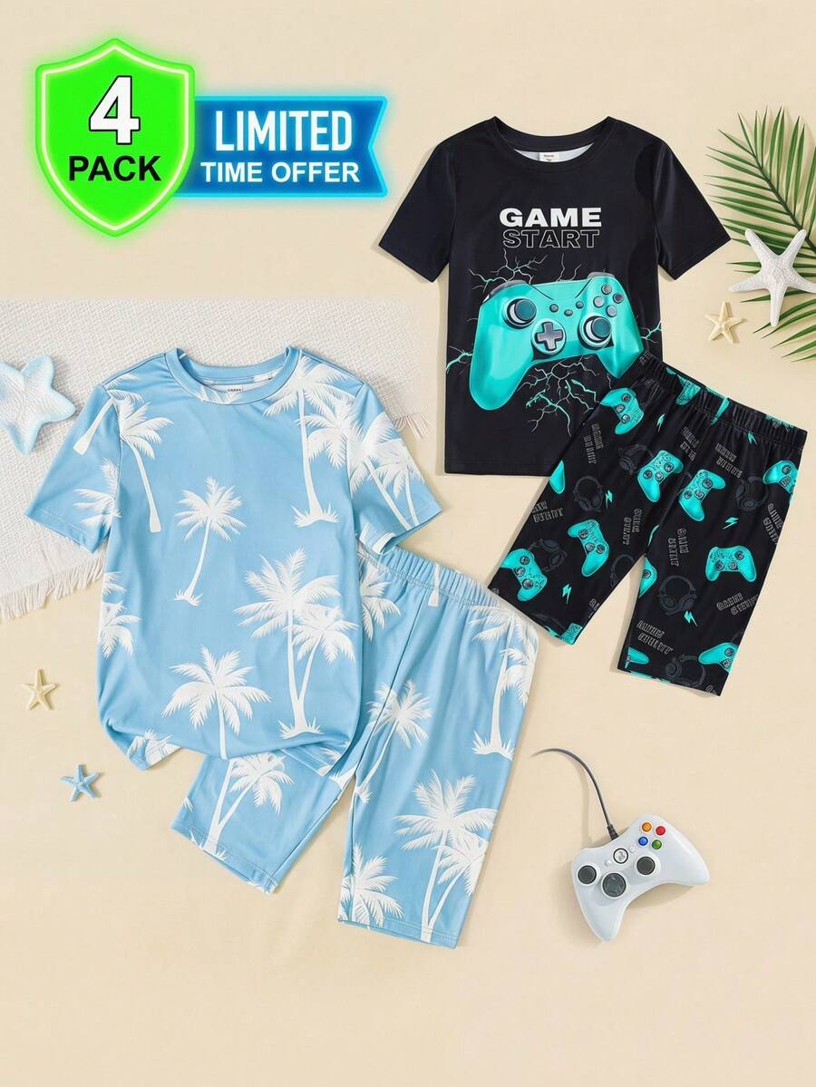 SHEIN 2 Stücke/Set Teenager Jungen Minimalistische Leuchtspiel-Controller Grafik Rundhals Kurzarm Shorts Pyjama Set, bequem hautfreundlich eng anliegend, lässiger College-Stil, vielseitig, weicher Stoff, geeignet für den täglichen Gebrauch, Feiertage, Frühling/Sommer, Loungewear - Schwarz - Übersicht 1