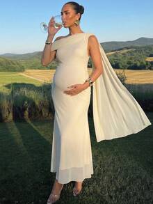 MaterniChic Maternity Elegant White Summer Dress,Pregnant Women's Asymmetrical Shoulder Bodycon Luxury Evening Party Dress For Baby Shower Wedding Guest - Apricot - View 1