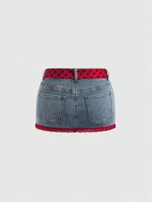 ROMWE Avant Y2K Lace Patchwork Seven-Star Ladybug Embroidered Polka Dot Low-Waist Vintage Denim Mini Skirt For Women - Blue - View 2