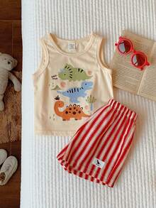 SHEIN 2pcs/Set Baby Boy/Girl Cute Casual Comfortable Funny Cartoon Dinosaur Pattern Tank Top And Elastic Waist Striped Shorts Set,Red - Multicolor - View 7
