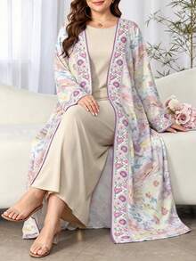 SHEIN Najma 花卉植物图案滚边大码女装连衣裙，优雅阿拉伯风格长袍，春夏时尚长袖开衫长款外套，花卉印花多色卡夫坦长袍 - 彩色 - 查看 7