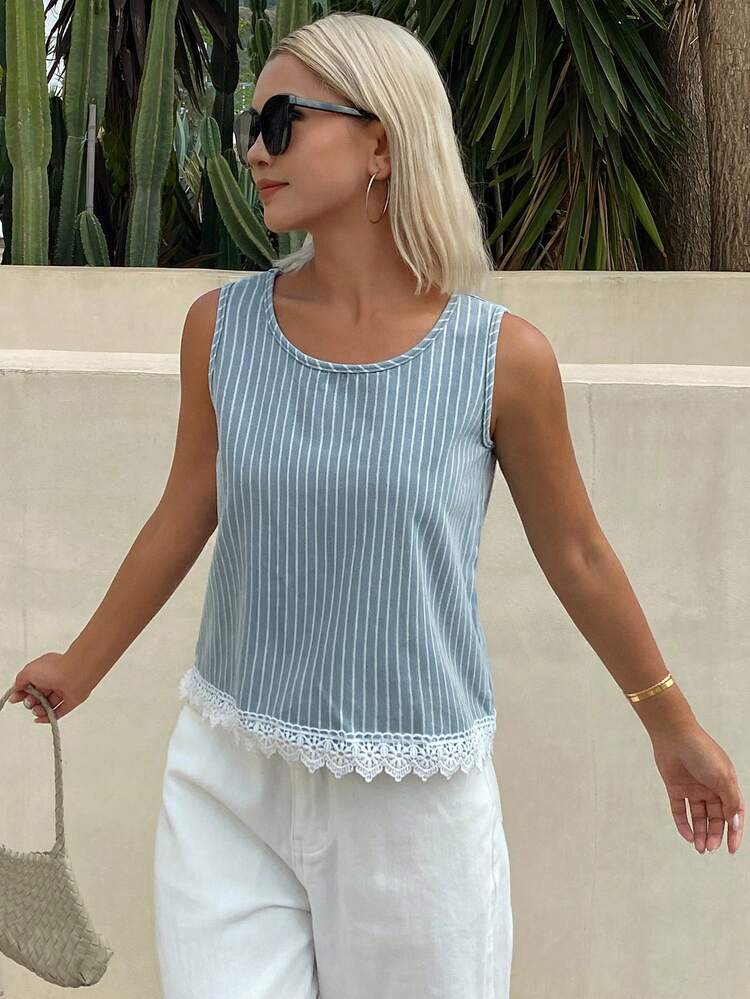 Women's Striped Patchwork Contrast Color Loose Contrast Lace Denim Blouse Summer