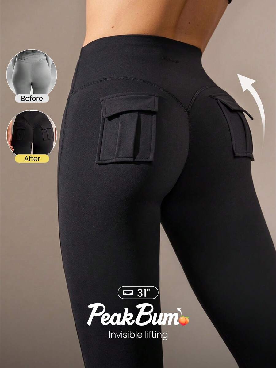 GLOWMODE 31" Pantalones FeatherFit™-Sculpt de alta compresión con efecto levantador de glúteos, costuras moldeadoras, bolsillos traseros tipo cargo, para entrenamiento de impacto medio, running, gimnasio y actividad física - Negro - Ver 1
