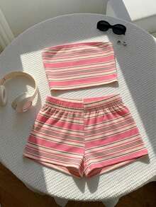 Comfortcana Conjunto de top bandeau y shorts a rayas de contraste vintage para mujer, adecuado para la playa, la calle, el aeropuerto y el uso en casa - Multicolor - Ver 3