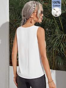 SHEIN Clasi 女士纯色V领休闲无袖梭织衬衫 - 白色 - 查看 2