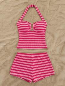 Conjunto Casual de 2 Piezas para Mujer : Top Halter con Volantes a Rayas y Pantalones Cortos - Rosa Fucsia - Ver 3