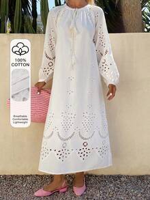 DAZY Vestido midi recto con cintura anudada y bordado floral casual para mujer, vestidos de verano para mujeres - Beis - Ver 1