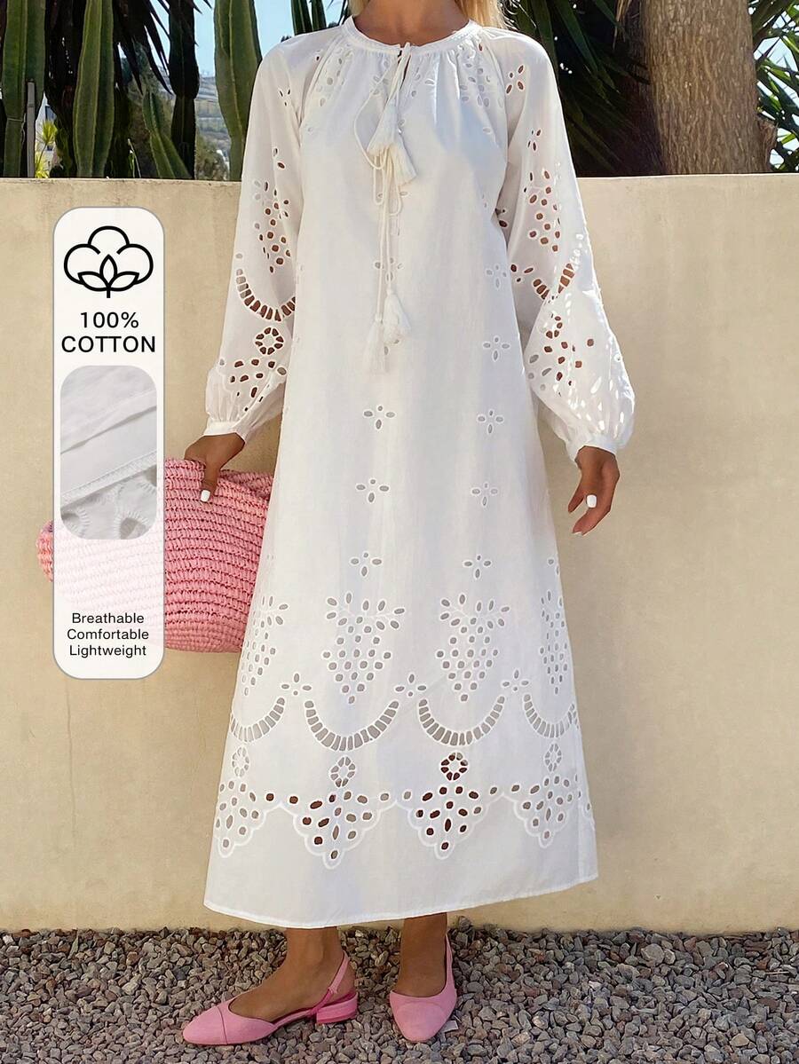 DAZY Vestido midi recto con cintura anudada y bordado floral casual para mujer, vestidos de verano para mujeres - Beis - Ver 1