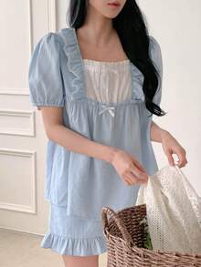 DAZY Bộ đồ ngủ nữ ngọt ngào với bèo nhún, phối màu tương phản, cổ vuông, tay áo cánh hoa, thích hợp cho mùa hè. - Màu xanh lam - Xem 12
