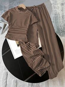 SHEIN 少女针织条纹圆领短袖修身T恤和配套修身裤套装，休闲百搭 - 咖啡棕 - 查看 6