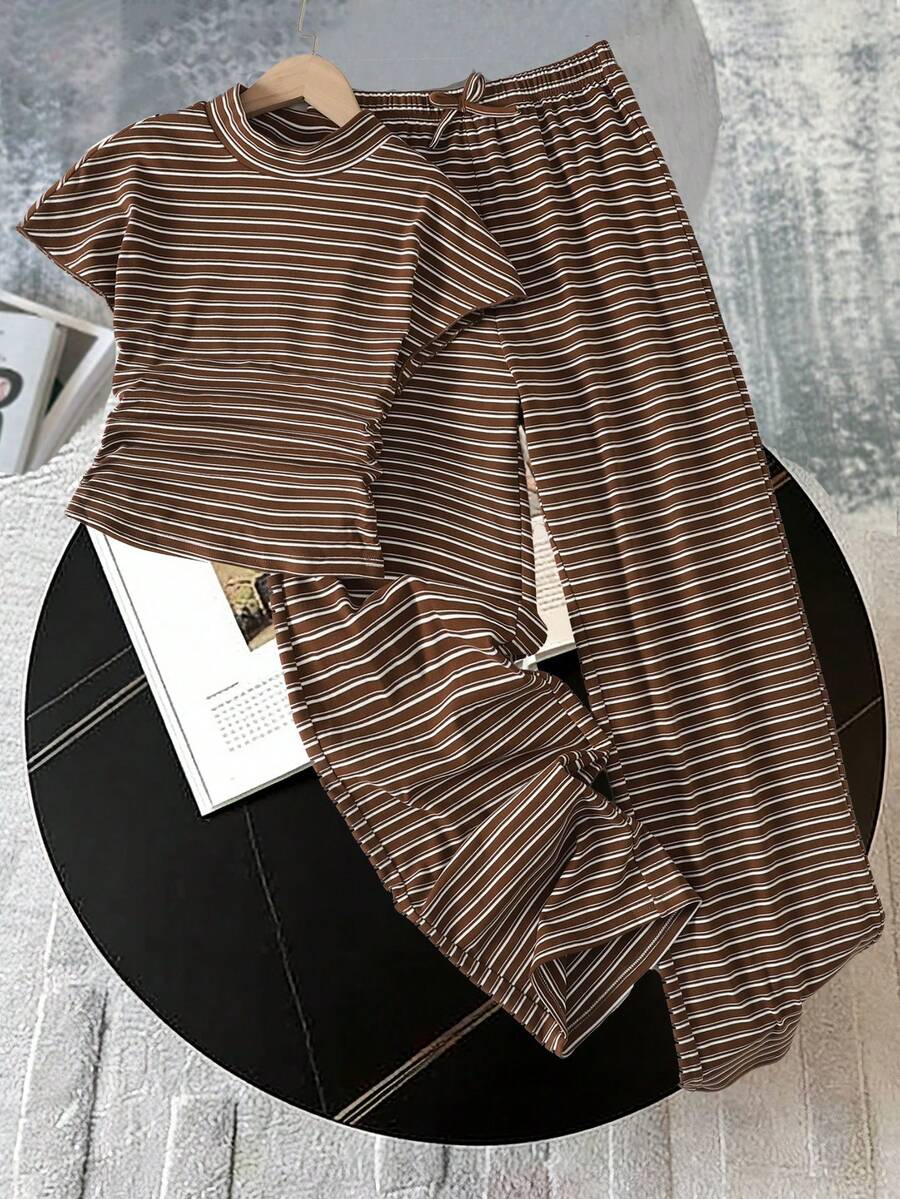 SHEIN 少女针织条纹圆领短袖修身T恤和配套修身裤套装，休闲百搭 - 咖啡棕 - 查看 1