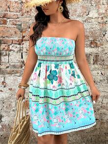 Breezaya Plus Size Women Floral Print Ruched Casual Vacation Date Tube Dress - Multicolor - View 8