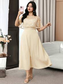 Modelyn 大码女式刺绣薄纱斗篷式优雅连衣裙，适合约会穿着 - 杏色 - 查看 8