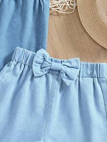 Genkimix Kids 2pcs Baby Girls' Denim Loose Shorts Set, Summer Washed Versatile Comfortable Pockets Design, Bow Decor, Elastic Waist, Light Blue Thin Tencel Fabric, Suitable For Daily Outing And Vacation - Blue - View 4