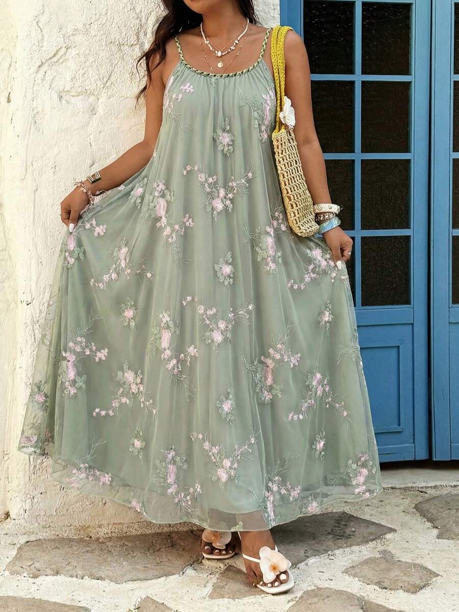 Breezaya Đầm maxi dáng rộng bằng vải lưới, thêu họa tiết, kiểu dáng cổ tích, cỡ lớn. - màu xanh lá - Xem 1