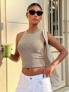 Muchica Áo tank top ngắn tay ôm sát cổ tròn, họa tiết sọc, chất liệu mới, dành cho nữ, thích hợp cho mùa hè. - Màu Khaki - Xem 6
