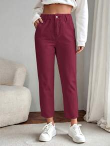 EMERY ROSE Women's Summer Paperbag Waist Straight Leg Jeans - Burgundy - View 2