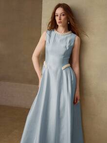 MOTF PREMIUM ELEGANT ROMANTIC FRENCH FASHION DELICATE SLEEVELESS FAUX PEARL RIBBON DECOR WOMEN'S MID-LENGTH DRESS WEDDING FORMAL BIRTHDAY DUSTY BLUE SUMMER - Mint Green - View 3