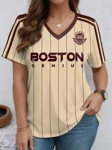 EMERY ROSE Beige Patchwork Design Letter Slogan V-Neck Casual 90s Short Sleeve Plus Size T-Shirt Back-To-School Graduation Summer - Multicolor - View 3