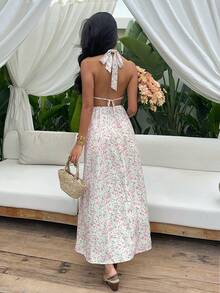 Sunnyshic 女士碎花露背吊带V领连衣裙，适合春夏度假穿着 - 彩色 - 查看 2