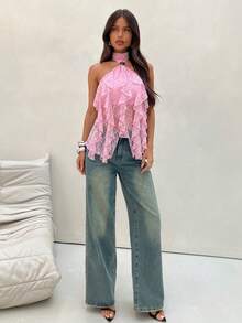 Aloruh Áo tank top ôm dáng cổ đứng nhiều lớp, viền bèo nhún, thanh lịch dành cho nữ - Hồng - Xem 7