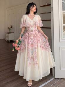 Modelyn 女士V领披肩式设计收腰喇叭形印花雪纺连衣裙 - 彩色 - 查看 3