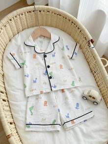 SHEIN Toddler Boys' Casual Dinosaur Print Short Sleeve Shorts 2pcs Set, Comfortable Loungewear - Beige - View 2