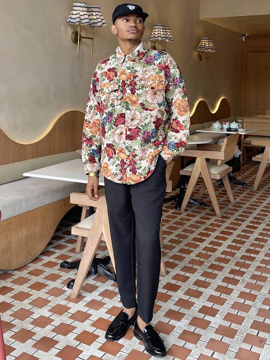 Ngobest Haus Ngobest Haus Esta camisa/chaqueta casual de moda masculina presenta un diseño elegante con un bolsillo de carga en el pecho delantero. Combina la estética retro con la moda moderna, para hombres en otoño e invierno, estilo a juego de parejas, moda para salir con gráficos coloridos y manga larga, ideal como regalo para amigos, esposo o novio. - Multicolor - Ver 1