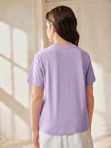 Anewsta Purple Girls' 3D Floral Decor Round Neck Short Sleeve Knit T-Shirt - Purple - View 2