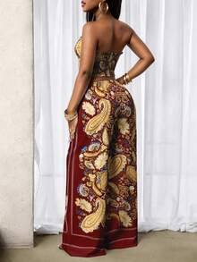 BamGleam Bộ 2 món gồm áo croptop không dây in họa tiết Paisley phong cách Bohemian với vạt áo bất đối xứng và quần ống rộng cạp chun, thích hợp cho kỳ nghỉ, đi biển và mặc hàng ngày vào mùa xuân/hè. - Màu Đỏ Sâu - Xem 2