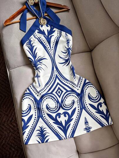 EMERY ROSE Vestido mini ajustado con estampado de bloques de color, con cuello de halter y cintura con lazo, sexy y casual para playa, vacaciones y viajes para mujeres