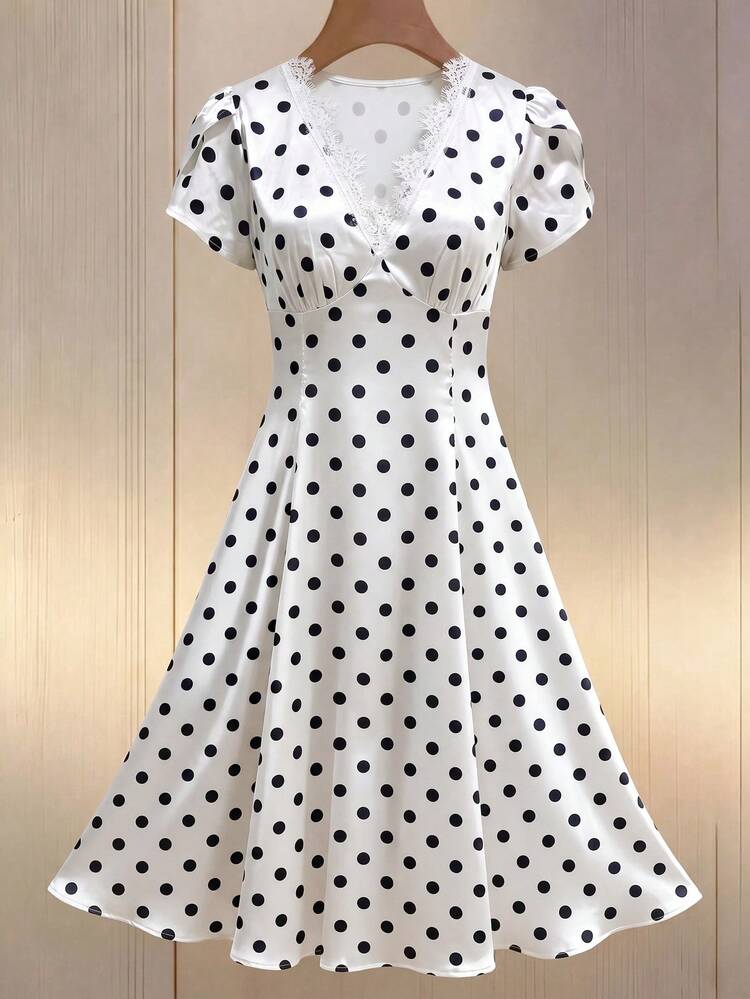 Women's Lace Patchwork Polka Dot Midi Dress, Fashionable For Dates And Parties,Summer Dress,Going Out Dress,Polka Dot Dress