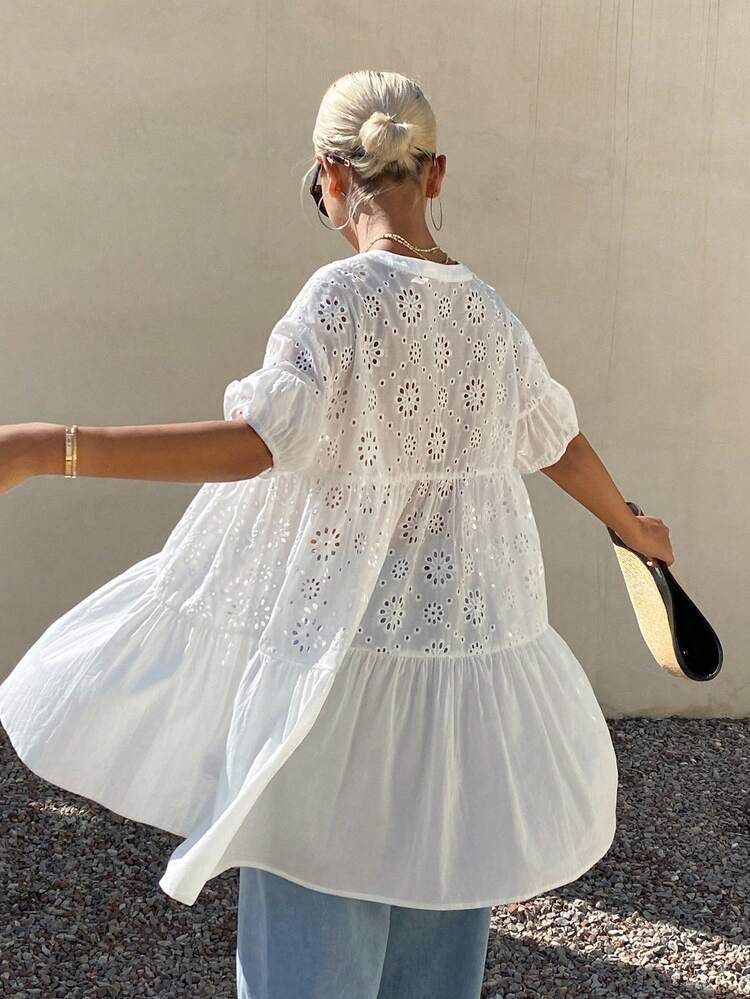 Women's Vacation Casual Solid Color Hollow Out Embroidery Patchwork Shirt