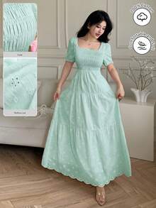 Modelyn 女款法式方領泡泡袖鏤空刺繡收腰A字洋裝 - 薄荷綠 - 查看 3