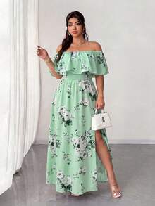 Elenzga Plus Size Women's Light Green Floral Print Dress,Off Shoulder Ruffle Hem Waist Pleated Maxi Summer Boho Vacation Holiday Dress For Travel - Multicolor - View 4