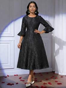 SHEIN Lady Đầm nữ thanh lịch tay bồng xếp ly, eo thắt, chất liệu jacquard, thích hợp cho mùa xuân và mùa thu. - màu đen - Xem 7
