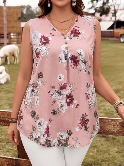 EMERY ROSE Plus Size Women Pink Floral Print Sleeveless Shirt, Vacation,Summer Holiday,Vacation Outfits Women,Simple And Fashionable For Everyday Wear,Spring Break Outfits ,Vacation Outfits Women ,Holiday Outfits For Women,Going Out Outfits,2026 New Clothes,Simple And Fashionable For Everyday Wear, Summer Tops, Sleeveless Blouse, Flower Tops For Women, Plus Size Sleeveless Tops